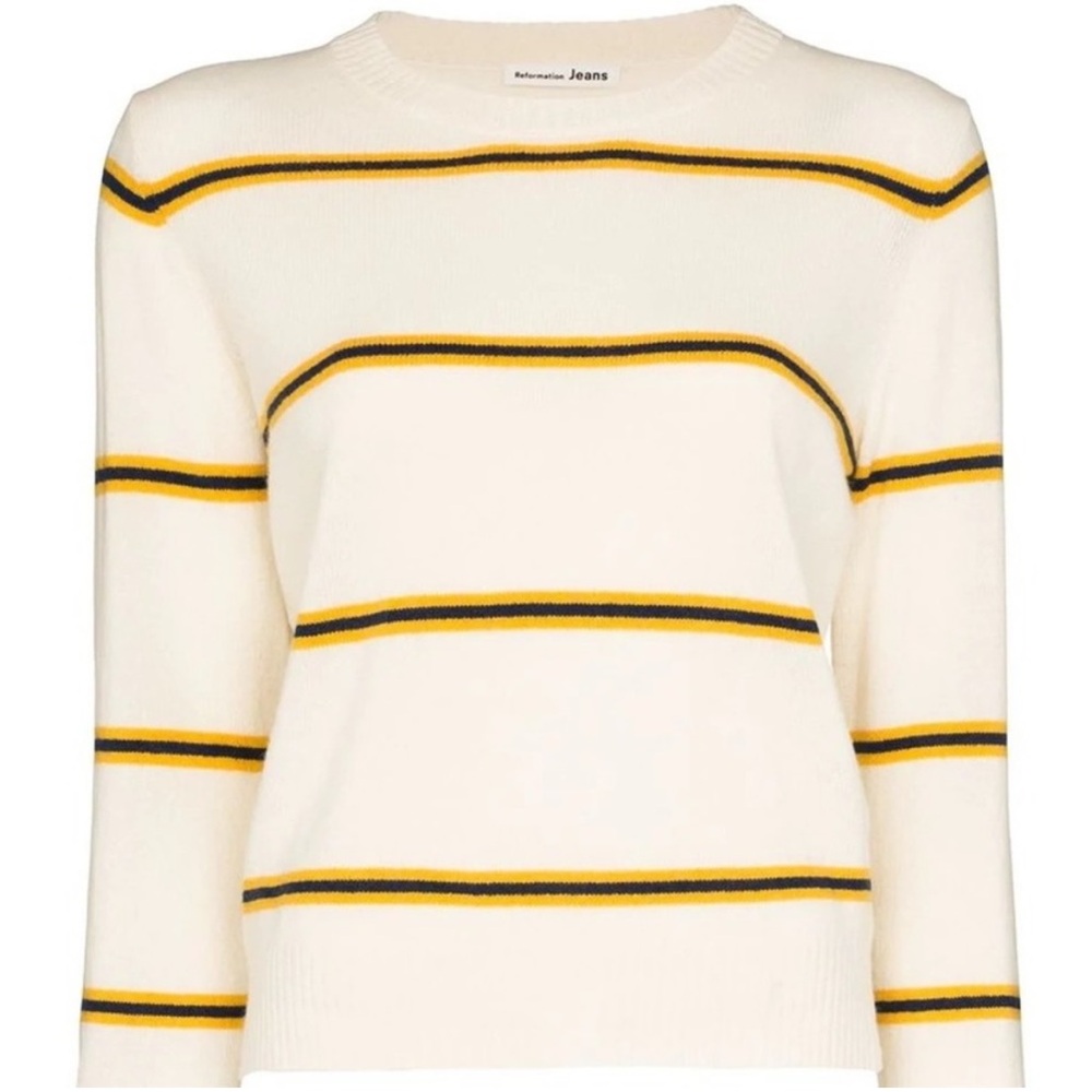 Reformation Yellow Soft Striped Cashmere Crew Neck Long Sleeve Sweater Sz. S